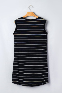 Black Stripe Drawstring Tunic Tank Mini Dress with Pockets