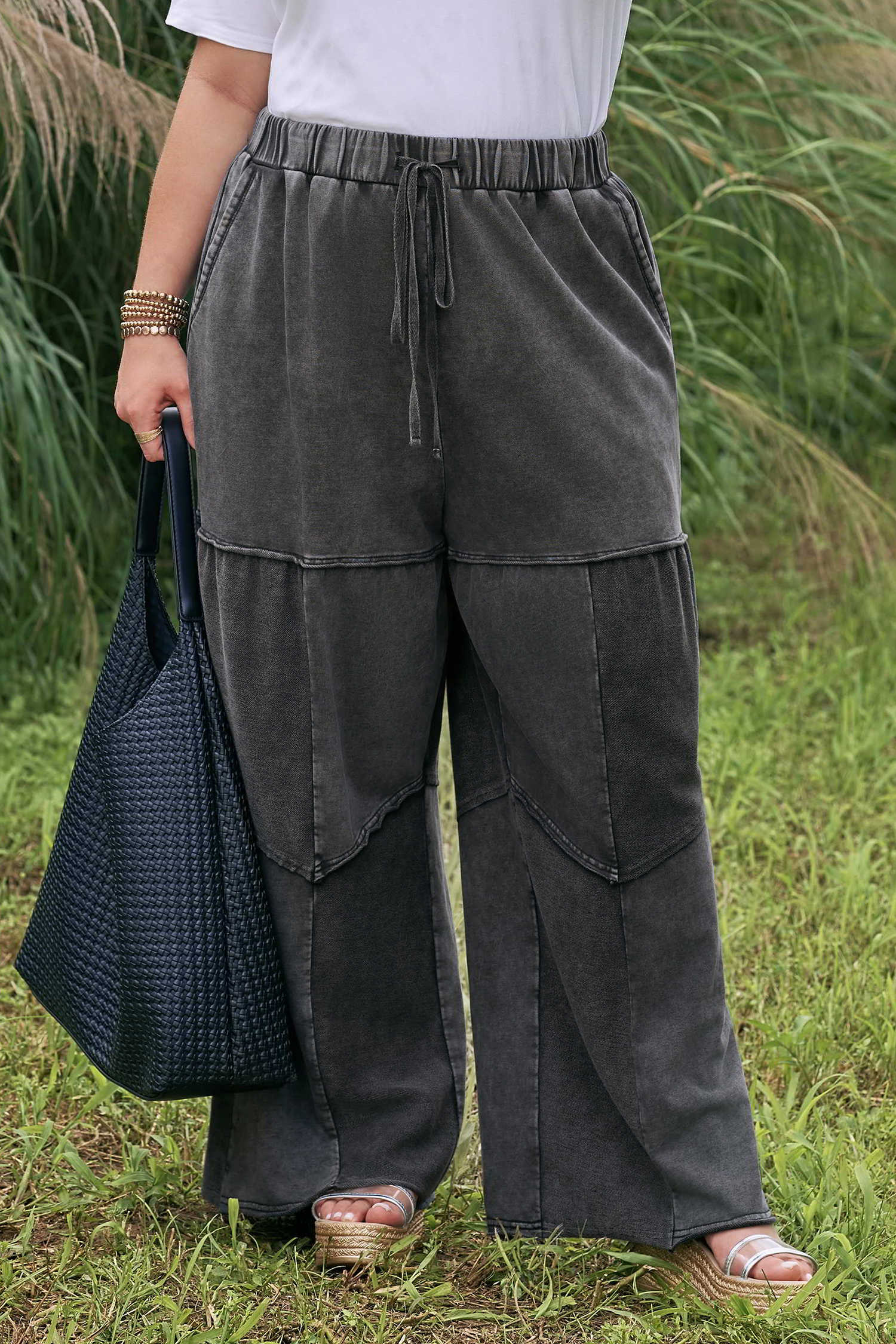 Black Plus Size Mineral Wash Exposed Seam Patchwork Drawstring Loose Pants