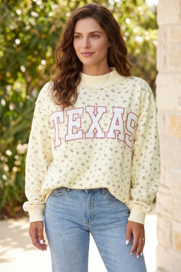 Beige Floral Print Stand Neck Long Sleeve Slogan Sweatshirt