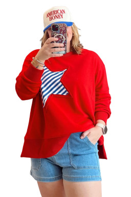 Fiery Red Patch Embroidery Star Colorblock Plus Size Sweatshirt