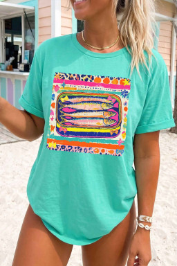 Mint Green Vibrant Sardine Fish Printed Casual Round Neck Tee