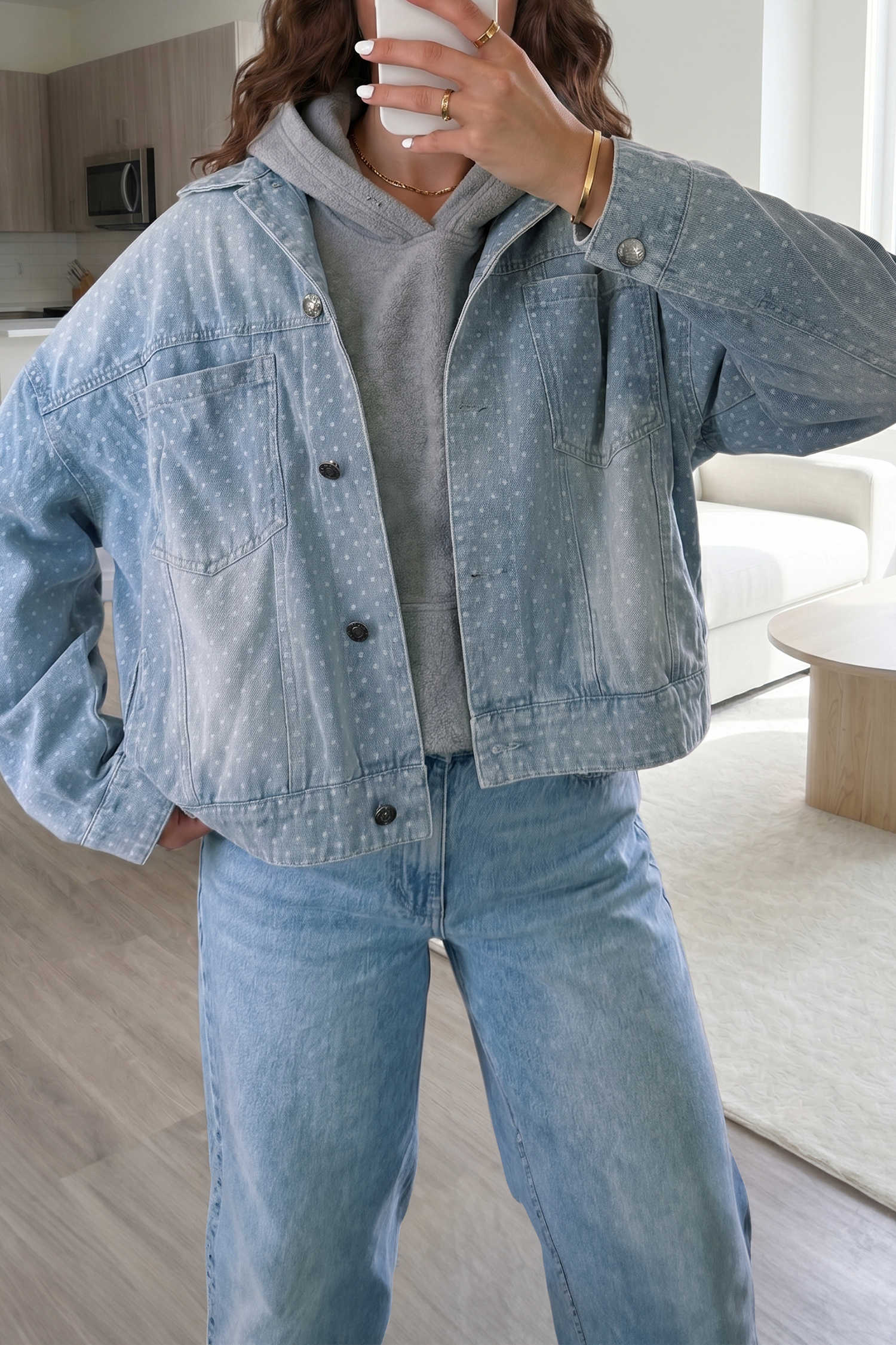 Sky Blue Polka Dot Long Sleeve Collar Pocket Casual Shift Silhouette Denim Jacket