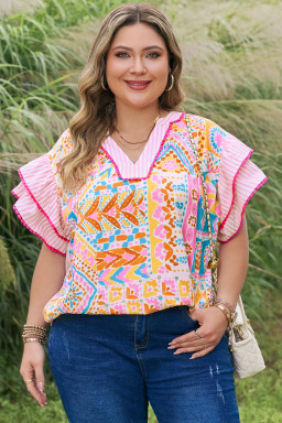 Rose Plus Size Geometric Print Contrast Trim Striped V Neck Blouse