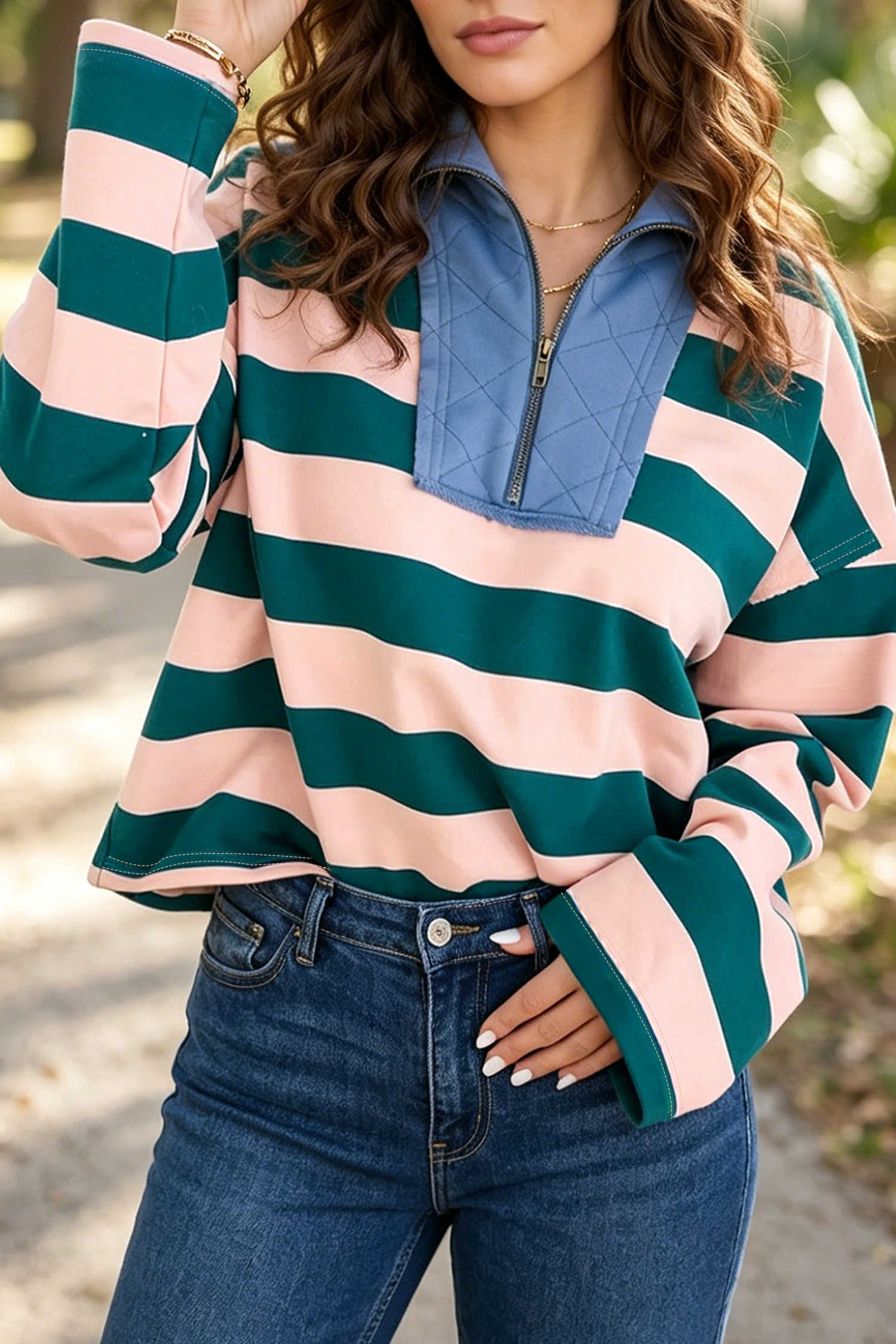 Green Stripe Long Sleeve Tops