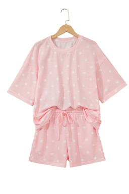 Pink Polka Dot Short Sleeve Loose Top Drawstring Shorts Set