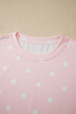 Pink Polka Dot Short Sleeve Loose Top Drawstring Shorts Set