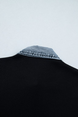 Black Textured Knit Denim Color Block Patchwork Collar Button Down Shirt