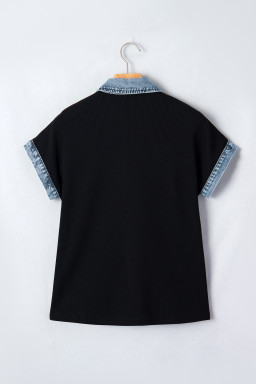 Black Textured Knit Denim Color Block Patchwork Collar Button Down Shirt