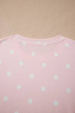Pink Polka Dot Short Sleeve Loose Top Drawstring Shorts Set
