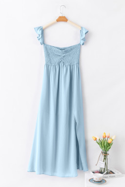 Sky Blue Off Shoulder Ruched Bust Sheer Slit Maxi Dress