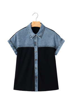 Black Textured Knit Denim Color Block Patchwork Collar Button Down Shirt
