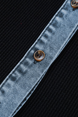 Black Textured Knit Denim Color Block Patchwork Collar Button Down Shirt