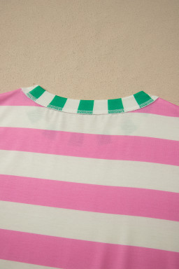 Pink Stripe Exposed Seam Contrast Patchwork Oversized Top