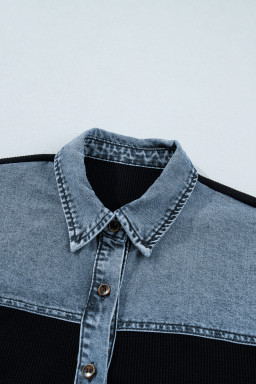 Black Textured Knit Denim Color Block Patchwork Collar Button Down Shirt