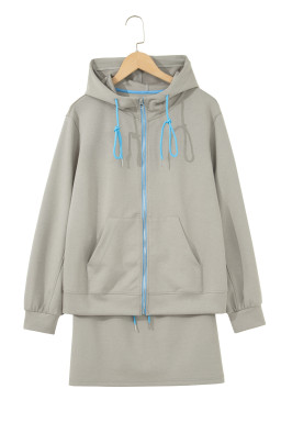 Smoke Green Contrast Trim Zip Up Sporty Jacket Drawstring Mini Skort 2pcs Set