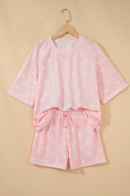 Pink Polka Dot Short Sleeve Loose Top Drawstring Shorts Set