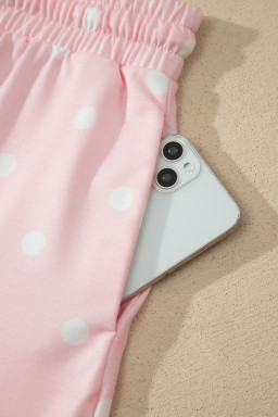 Pink Polka Dot Short Sleeve Loose Top Drawstring Shorts Set