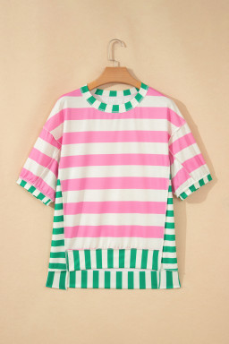Pink Stripe Exposed Seam Contrast Patchwork Oversized Top
