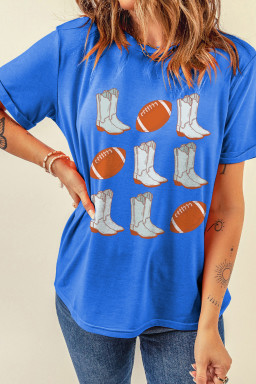 Dark Blue Western Boots Rugby Graphic Print Round Neck Tee