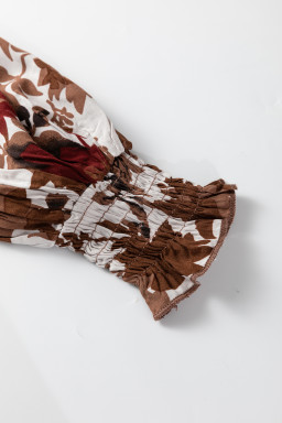 Chestnut Floral Puff Sleeve Smocked Bodice Ruffled Long Dress