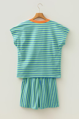 Green Stripe Colorblock Trim V Neck Tee Drawstring Elastic Waist Short Set