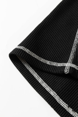 Black Waffle Textured Contrast Trim V Neck Tee