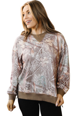 Brown Abstract Camo Print Color Block Detail Baggy Pullover Sweatshirt