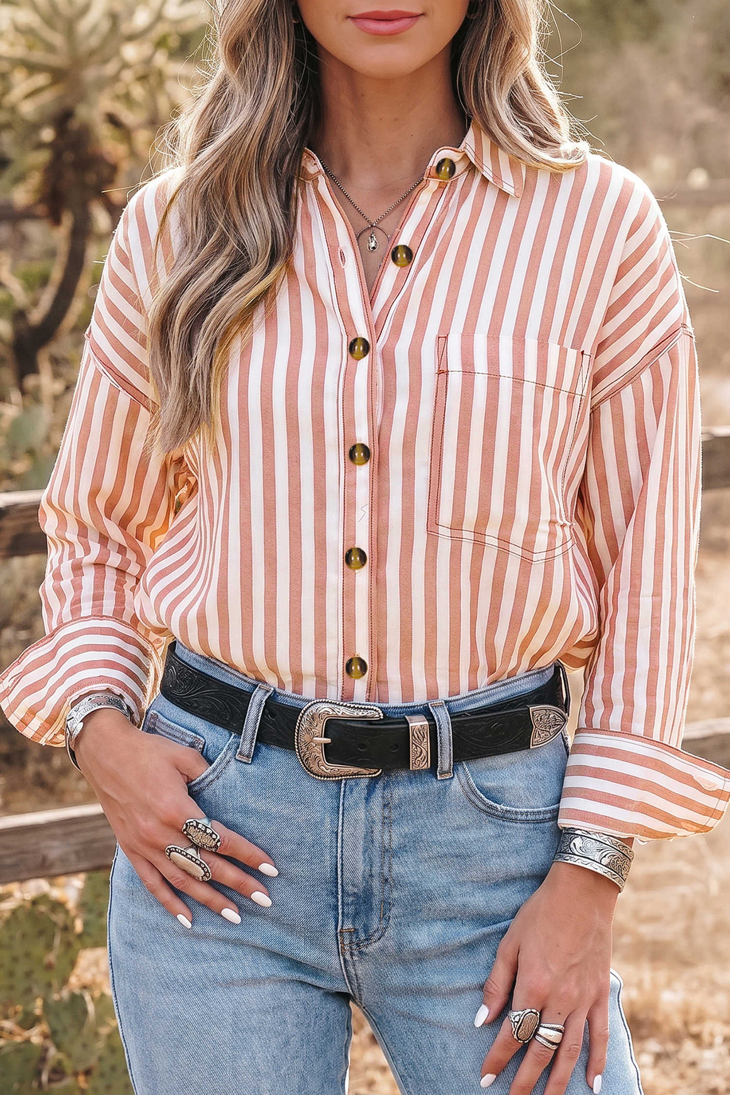 Brown Stripe Blouses & Shirts