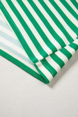 Green Stripe Contrast Trim Polo Collar Ruffled Short Sleeve Blouse