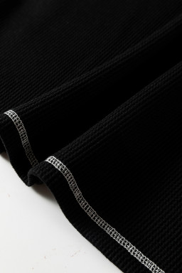 Black Waffle Textured Contrast Trim V Neck Tee