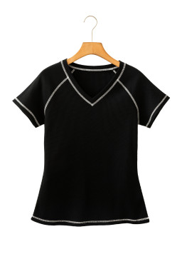 Black Waffle Textured Contrast Trim V Neck Tee