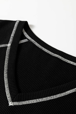Black Waffle Textured Contrast Trim V Neck Tee