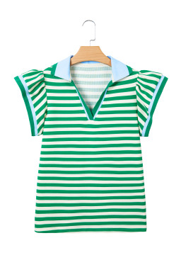 Green Stripe Contrast Trim Polo Collar Ruffled Short Sleeve Blouse