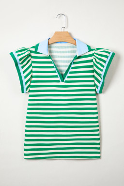 Green Stripe Contrast Trim Polo Collar Ruffled Short Sleeve Blouse