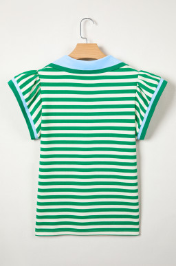 Green Stripe Contrast Trim Polo Collar Ruffled Short Sleeve Blouse