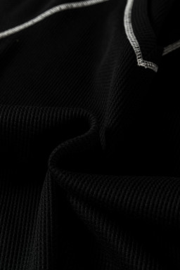Black Waffle Textured Contrast Trim V Neck Tee