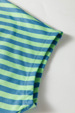 Green Stripe Colorblock Trim V Neck Tee Drawstring Elastic Waist Short Set