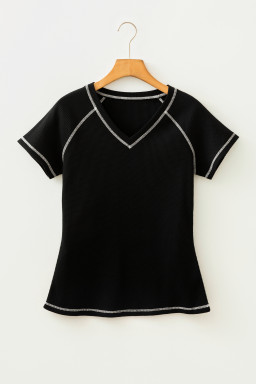 Black Waffle Textured Contrast Trim V Neck Tee