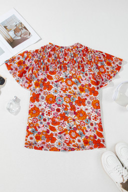 Orange Floral Print V Neck Pleated Ruffle Short Sleeve Blouse
