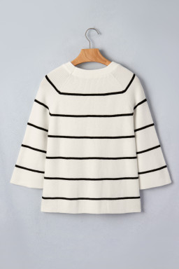 White Stripe Ribbed Knit Half Sleeve Loose Sweater Tee
