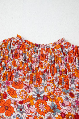 Orange Floral Print V Neck Pleated Ruffle Short Sleeve Blouse