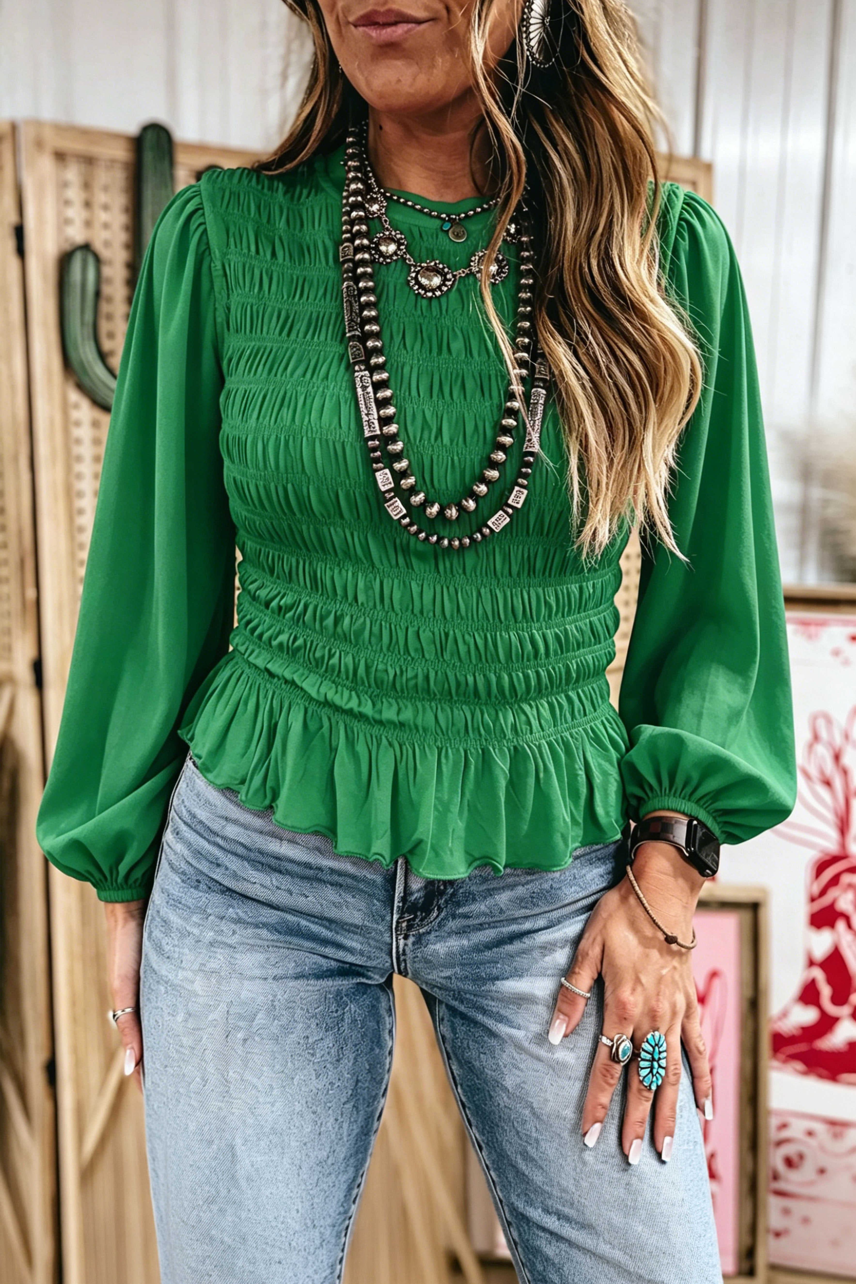 Bright Green Solid Color Smocked Ruffle Hem Long Sleeve Blouse