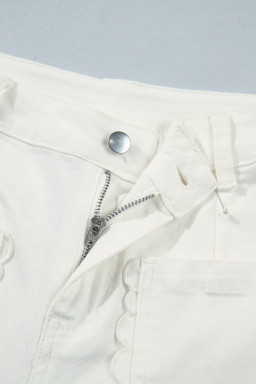 White Solid Color Scalloped Patch Pocket Shift Jeans