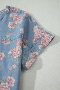 Sky Blue Floral Denim Short Sleeve Top Loose Shorts 2pcs Set
