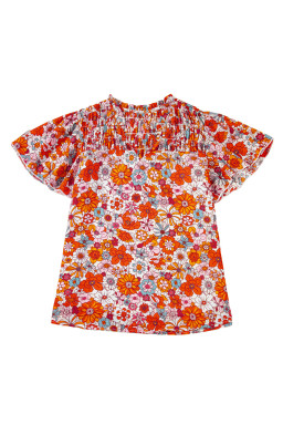 Orange Floral Print V Neck Pleated Ruffle Short Sleeve Blouse