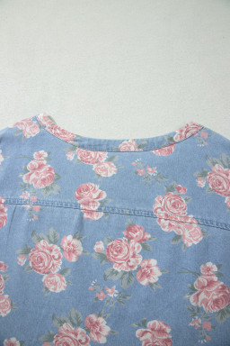 Sky Blue Floral Denim Short Sleeve Top Loose Shorts 2pcs Set