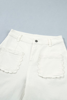 White Solid Color Scalloped Patch Pocket Shift Jeans