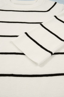 White Stripe Ribbed Knit Half Sleeve Loose Sweater Tee