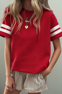 Fiery Red Varsity Striped Short Sleeve Crew Neck T Shirt