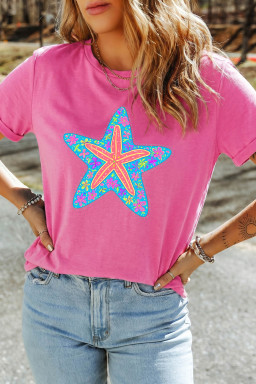 Sachet Pink Floral Starfish Printed Casual Round Neck Tee